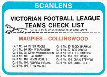 1979 Scanlens VFL - Team Checklists #NNO Checklist: 94-106 Front